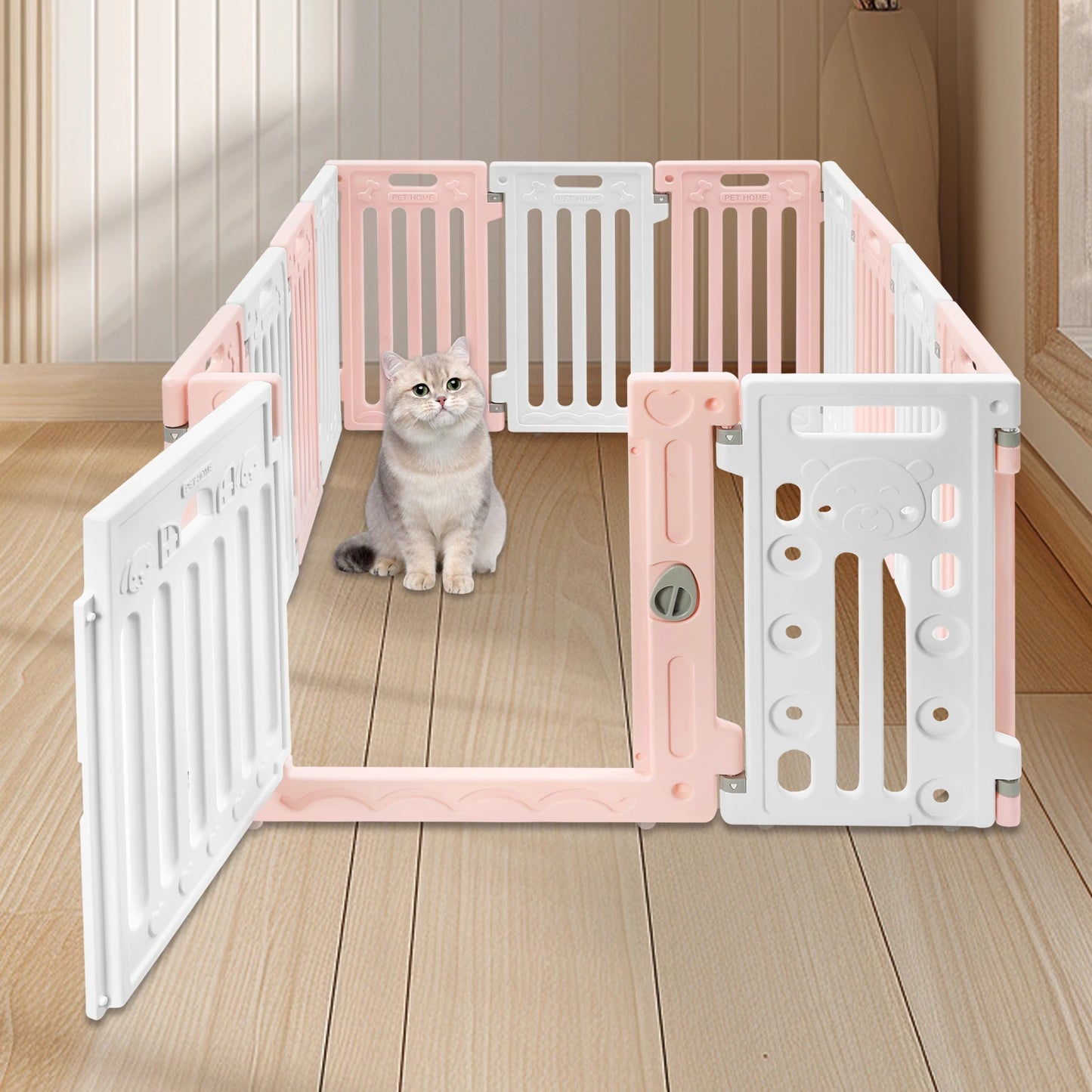 Hexagon Dog Playpen with Safety Door & Non-Slip Base, 25.6" HDPE Pet Fence for Puppy/Kitten, 13 Panels Blue/Pink/Green