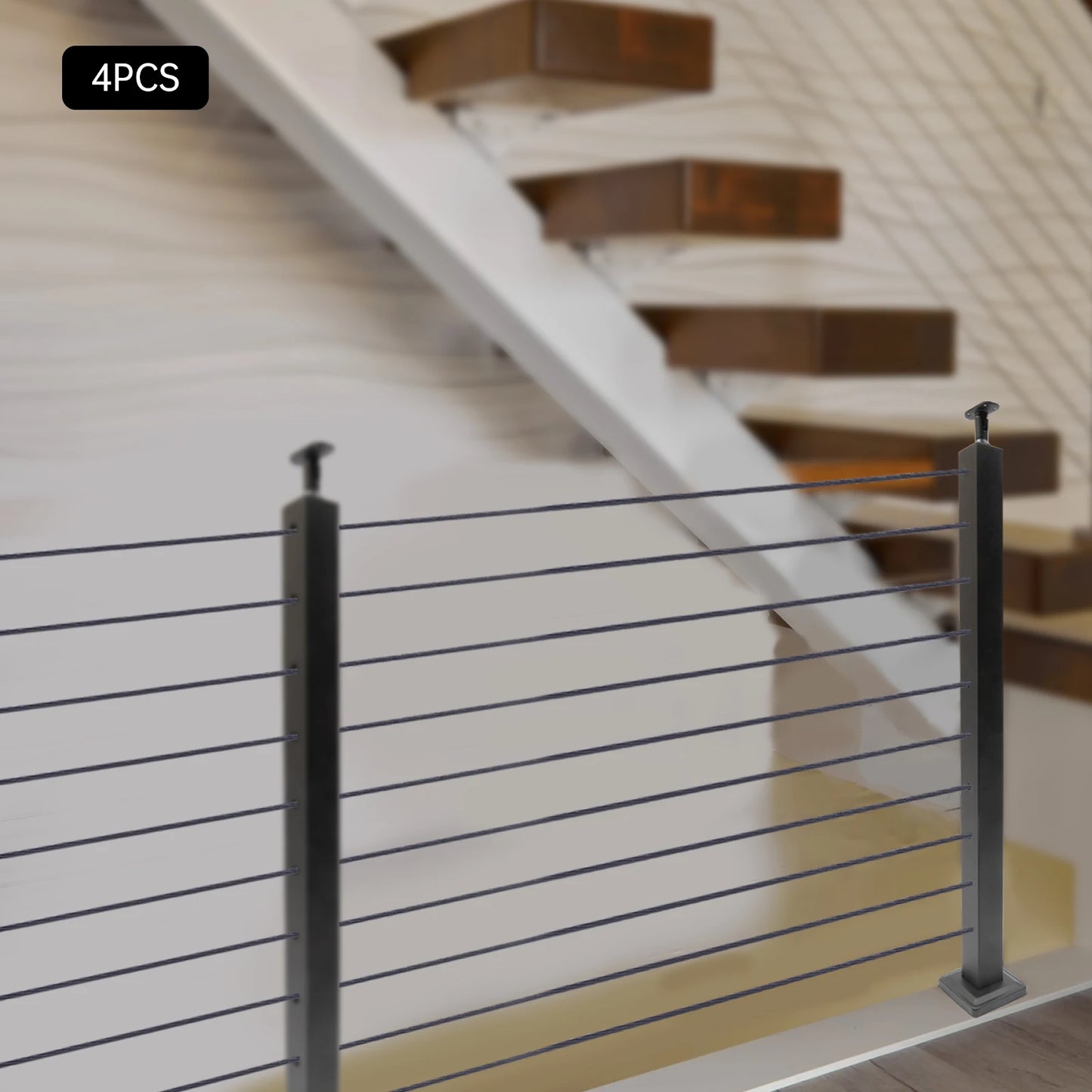 Adjustable Stainless Steel Cable Railing Post 36"x2"x2", Black T-shaped 4pcs Intermediate Column, Indoor and Outdoor Handrails