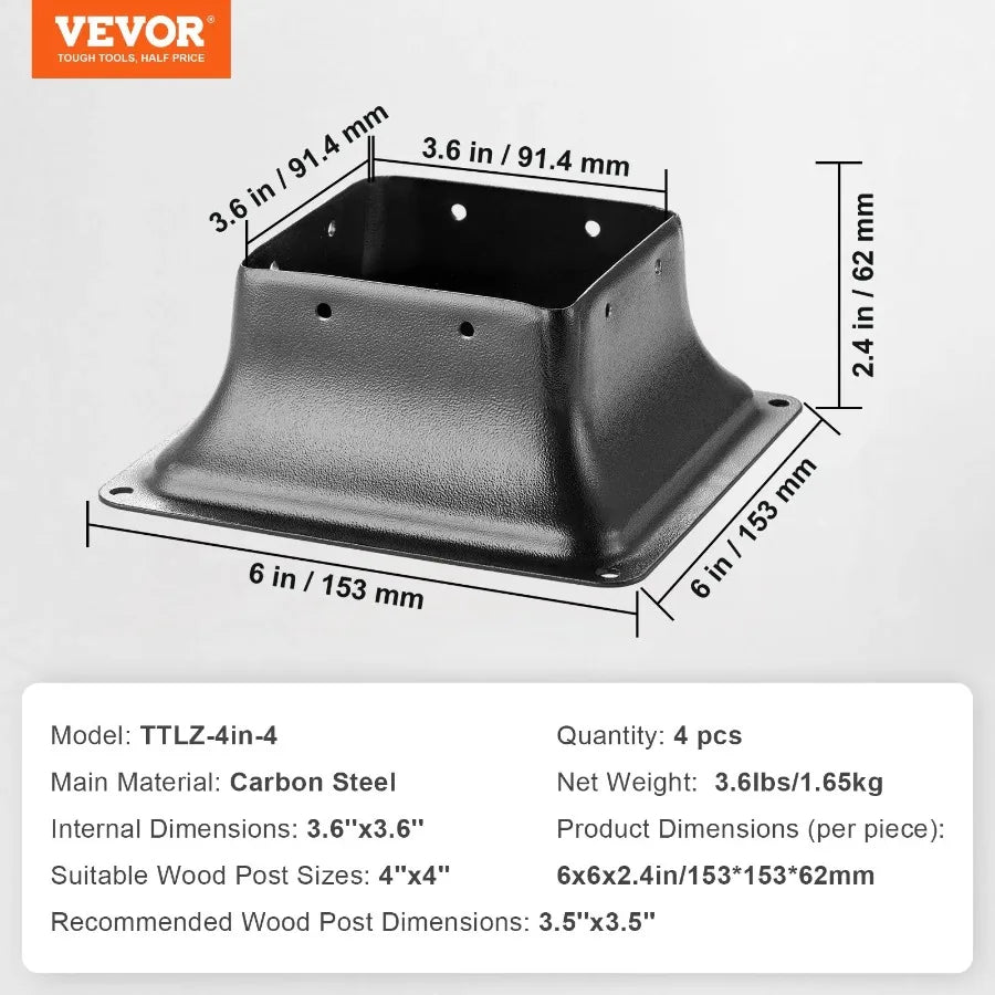 4x4 Post Base 4Pcs Internal 3.6x3.6 Heavy Duty Powder-Coated Steel Post Bracket Fit for Standard Wood Post Anchor Decking Post
