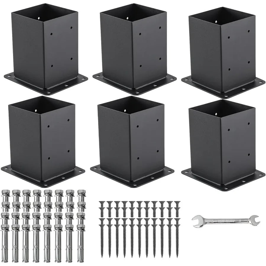 4x4 Post Base 6 Sets Post Anchor Inner Size 3.6"x3.6" Black Metal Powder-Coated Deck Post Base Support for Outdoor Fence Mailbo