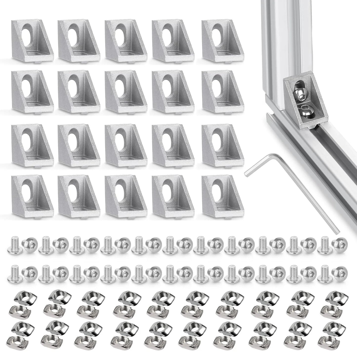 20Sets Corner Bracket, 40Pcs Drop in T Nuts and Hex Screw Bolt for Slot 6mm 2020 Series Aluminum Extrusion Profile Accessories