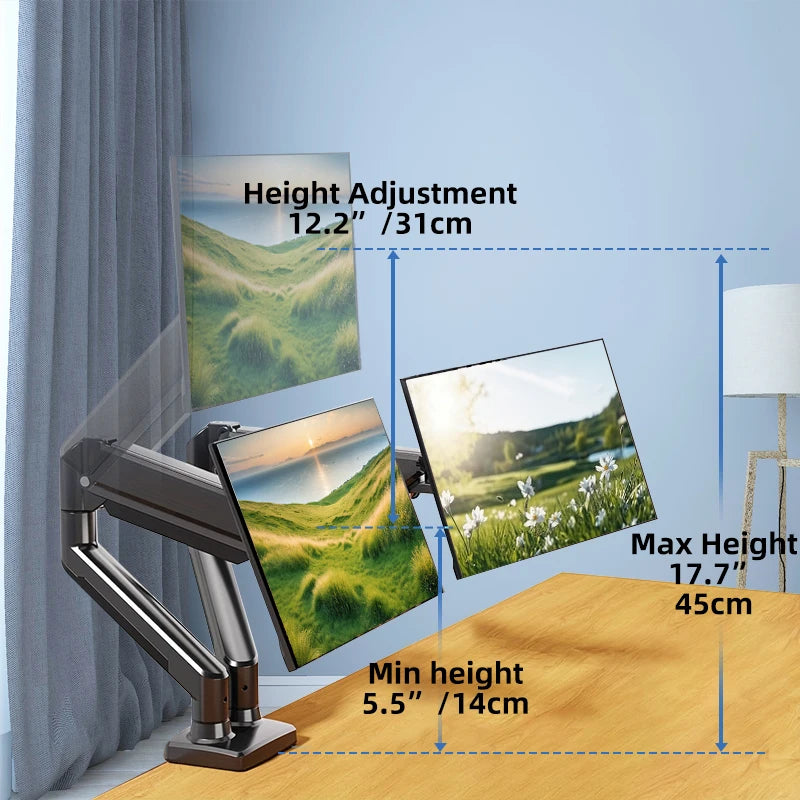 Dual Monitor Desk Mount up to 32 inches Screens Height Adjustable Monitor Stand, Heavy Duty Arm,VESA 75x75mm or 100x100mm, Black