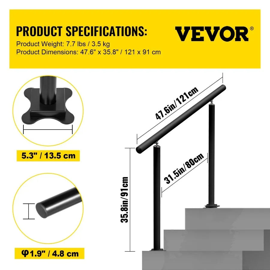 Outdoor Stair Railing Kit 4 FT Handrails 14 Steps Adjustable Angle Black Aluminum Stair Hand Rail for The Elderly Handrails fo