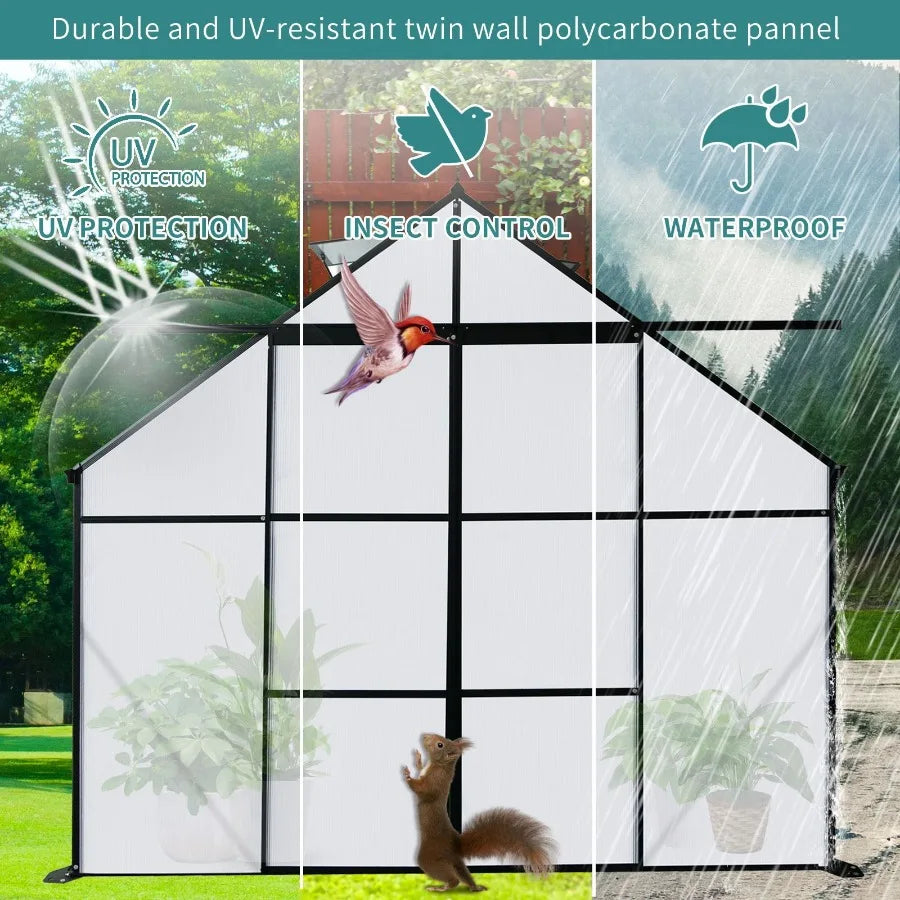 8x8 FT Double Door Polycarbonate Greenhouse Raised Base and Anchor Aluminum Heavy Duty Walkin Greenhouses for Outdoor Backyard