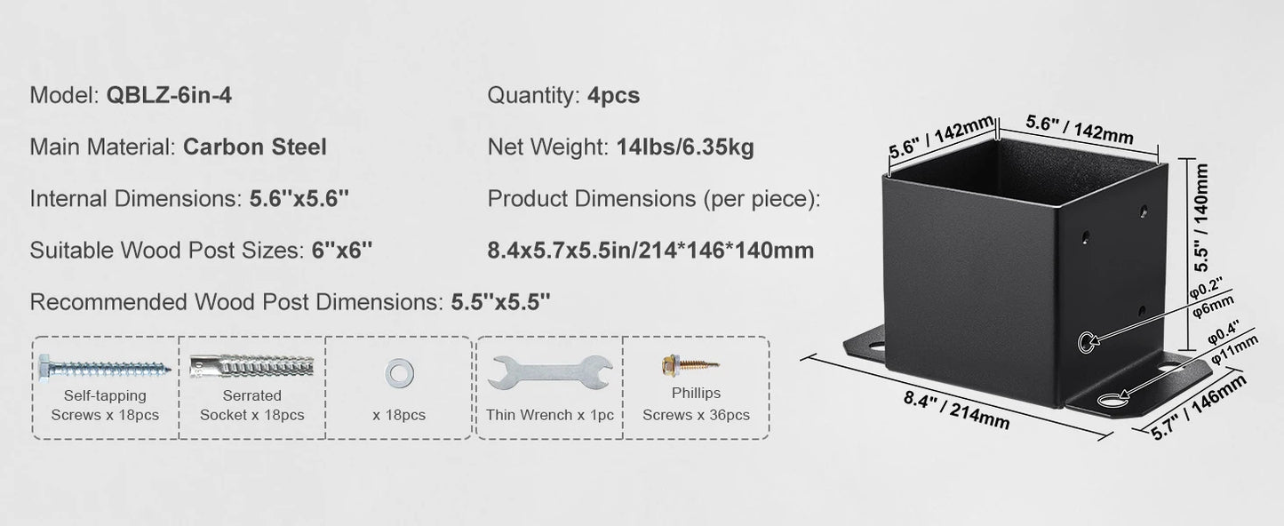 SucceBuy 4x4/ 6x6 Post Base 2/ 4 Pcs Powder-Coated Post Anchor Matte Black Wood Post Brackets for Pavilion Deck Railing