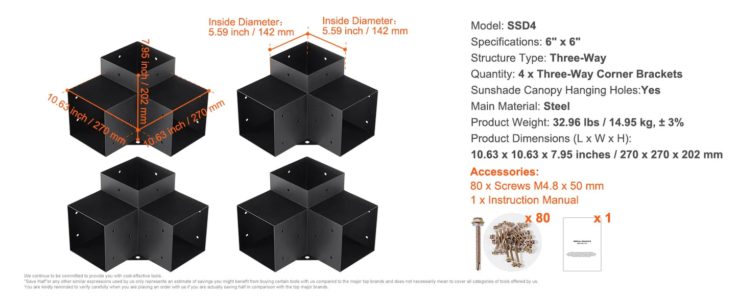 1 SucceBuy Pergola Bracket Kit 6inchx6inch 4pcs 3 Way Easy Installation For Gazebos Patio Pergolas Log Cabin Outdoor Hardware