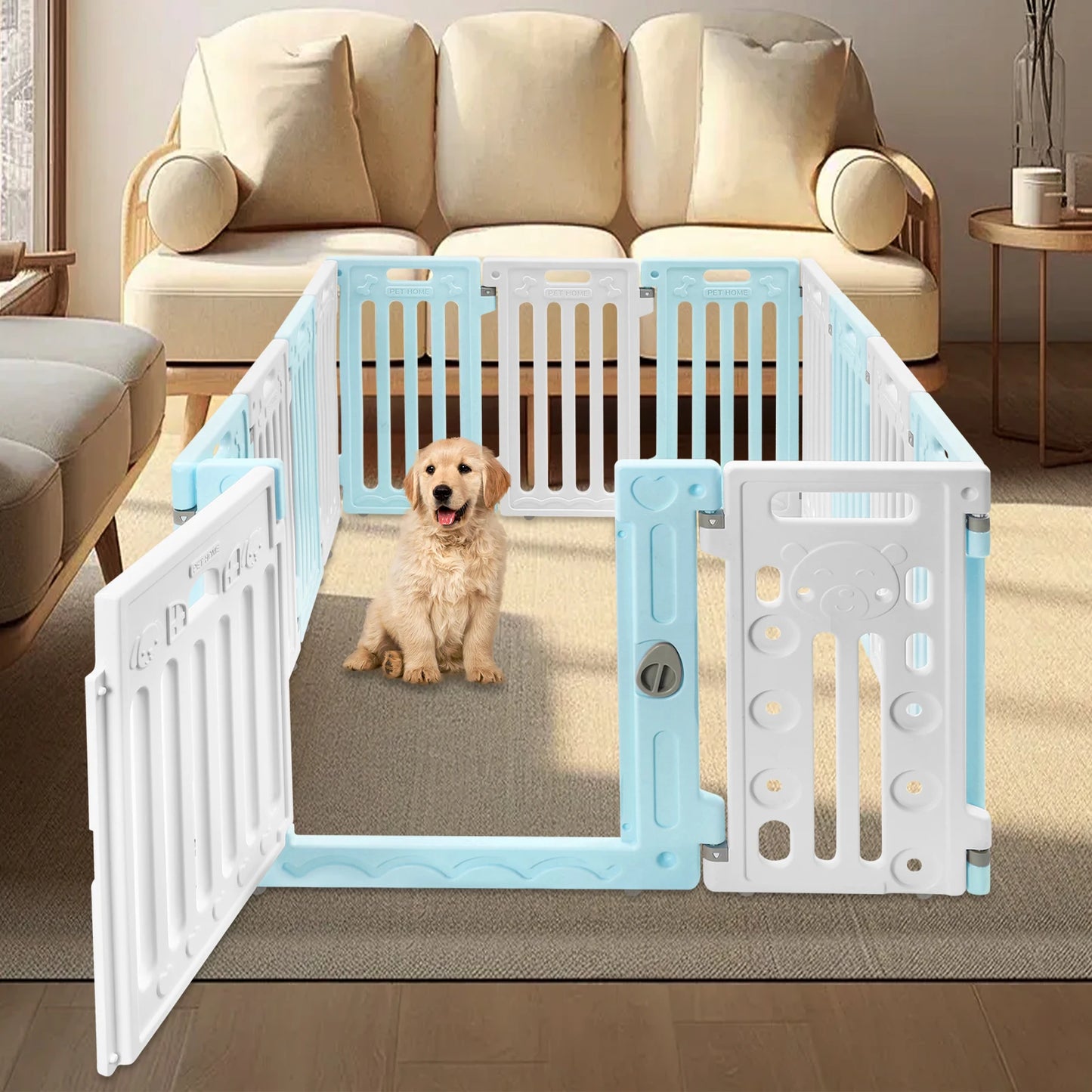 Hexagon Dog Playpen with Safety Door & Non-Slip Base, 25.6" HDPE Pet Fence for Puppy/Kitten, 13 Panels Blue/Pink/Green