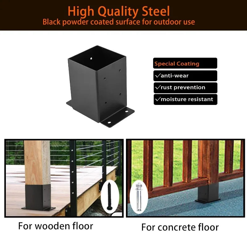 4x4 Post Base, Post Brackets(Inner Size 3.6"x3.6")，Black Powder Coated Heavy Thick Steel Post Anchor for Deck Porch Handrail Fen