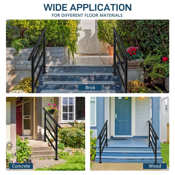 Handrails for Outdoor Steps, Wrought Iron Handrail Fits 1 to 4 Steps, Transitional Handrail with Installation Kit, Black