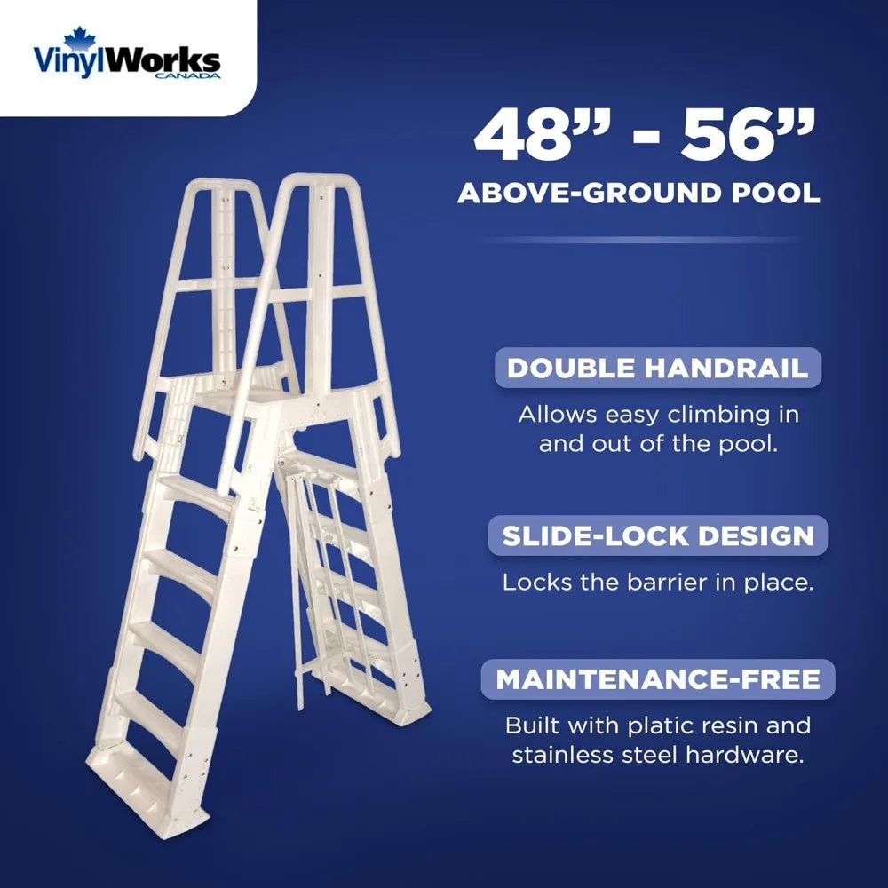 SLA A-Frame 48 to 56 Inch Adjustable Above Ground Swimming Pool Ladder Entry System with Slide Lock Barrier and Handrails, Whit