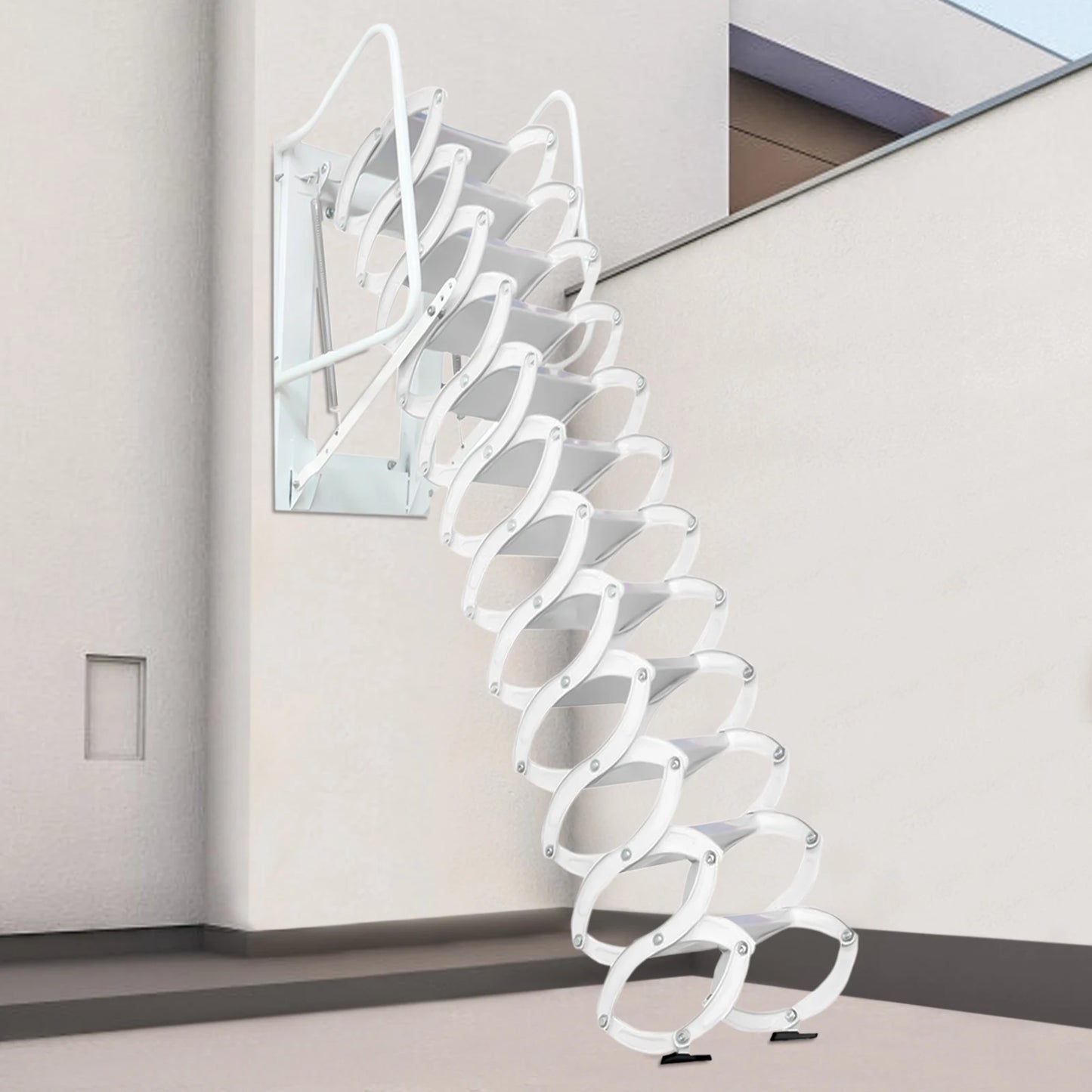 12 Steps Wall-mounted Non-slip Telescopic Extension Folding Ladder 881.85 Lbs Capacity Al-mg Alloy Multi Purpose With Handrails