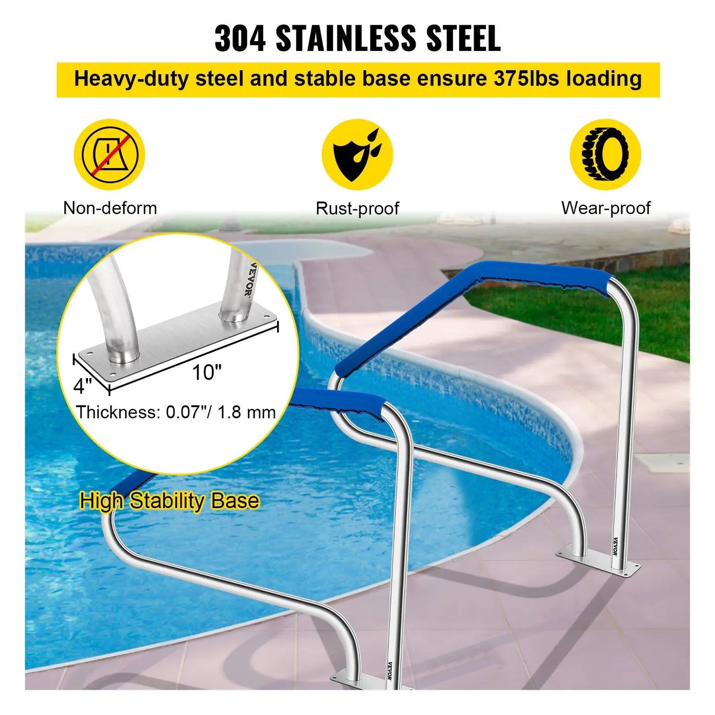 Pool Handrail, 49.4" x 34" Swimming Pool Stair Rail, 304 Stainless Steel Stair Pool Hand Rail Rated 375lbs Load Capacity, Pool R