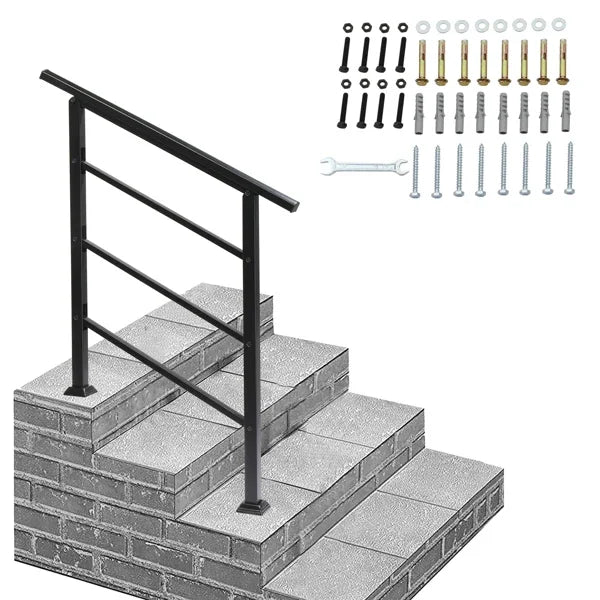 Handrails for Outdoor Steps, Wrought Iron Handrail Fits 1 or 3 Steps, Transitional Handrail with Installation Kit, Black