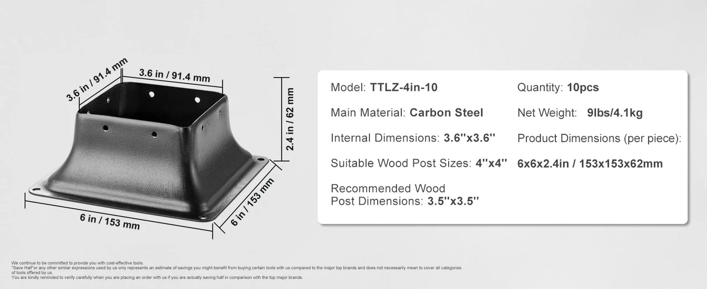 SucceBuy 4x4 Post Base Internal 3.6"x3.6" Heavy Duty Powder-Coated Steel Post Bracket for Deck Porch Handrail Railing Support