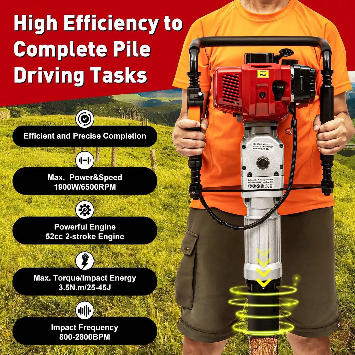 52cc Gas Powered T-Post Driver 2.3HP Fence Farm Push Pile Gasoline Engine Hammer