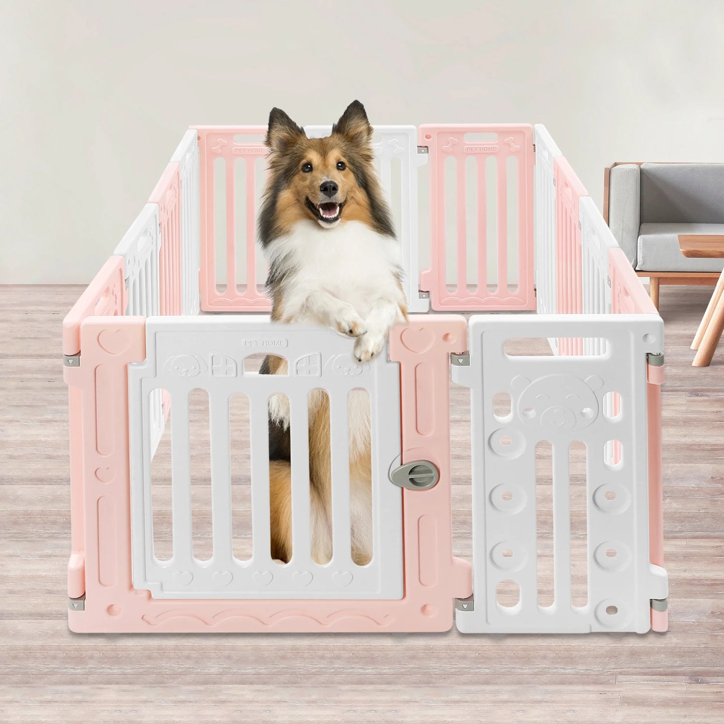 Hexagon Dog Playpen with Safety Door & Non-Slip Base, 25.6" HDPE Pet Fence for Puppy/Kitten, 13 Panels Blue/Pink/Green