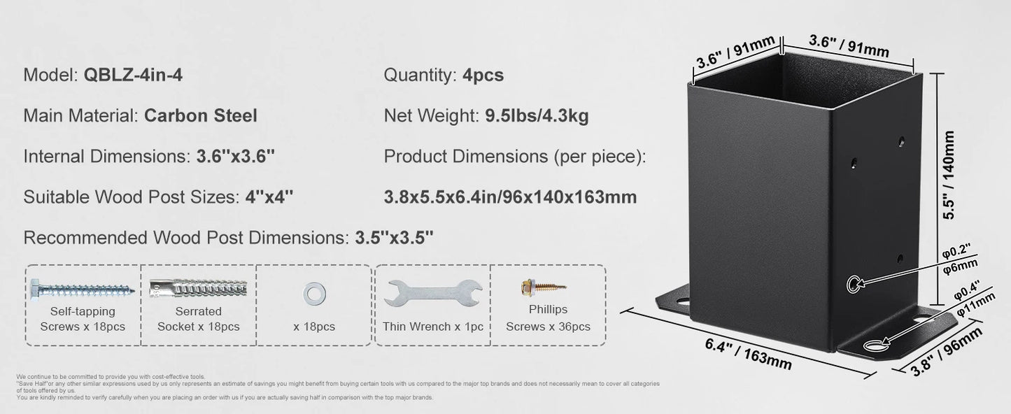 SucceBuy 4x4/ 6x6 Post Base 2/ 4 Pcs Powder-Coated Post Anchor Matte Black Wood Post Brackets for Pavilion Deck Railing