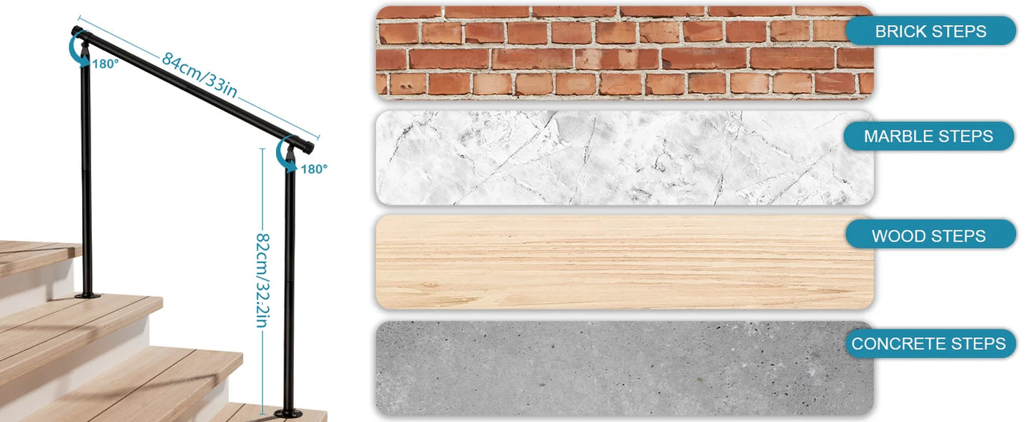 Metal Outdoor Step Handrails for 2-3 Steps - Black Porch & Deck Railing with Install Kit for Concrete/Patio