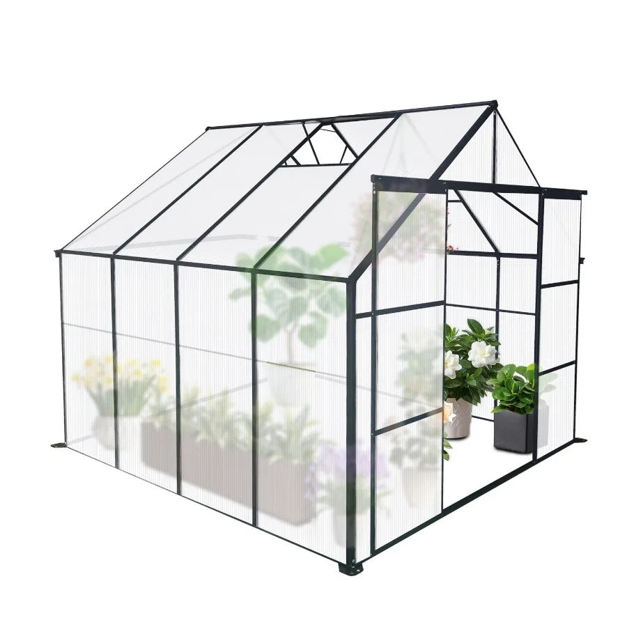 8x8 FT Double Door Polycarbonate Greenhouse Raised Base and Anchor Aluminum Heavy Duty Walkin Greenhouses for Outdoor Backyard