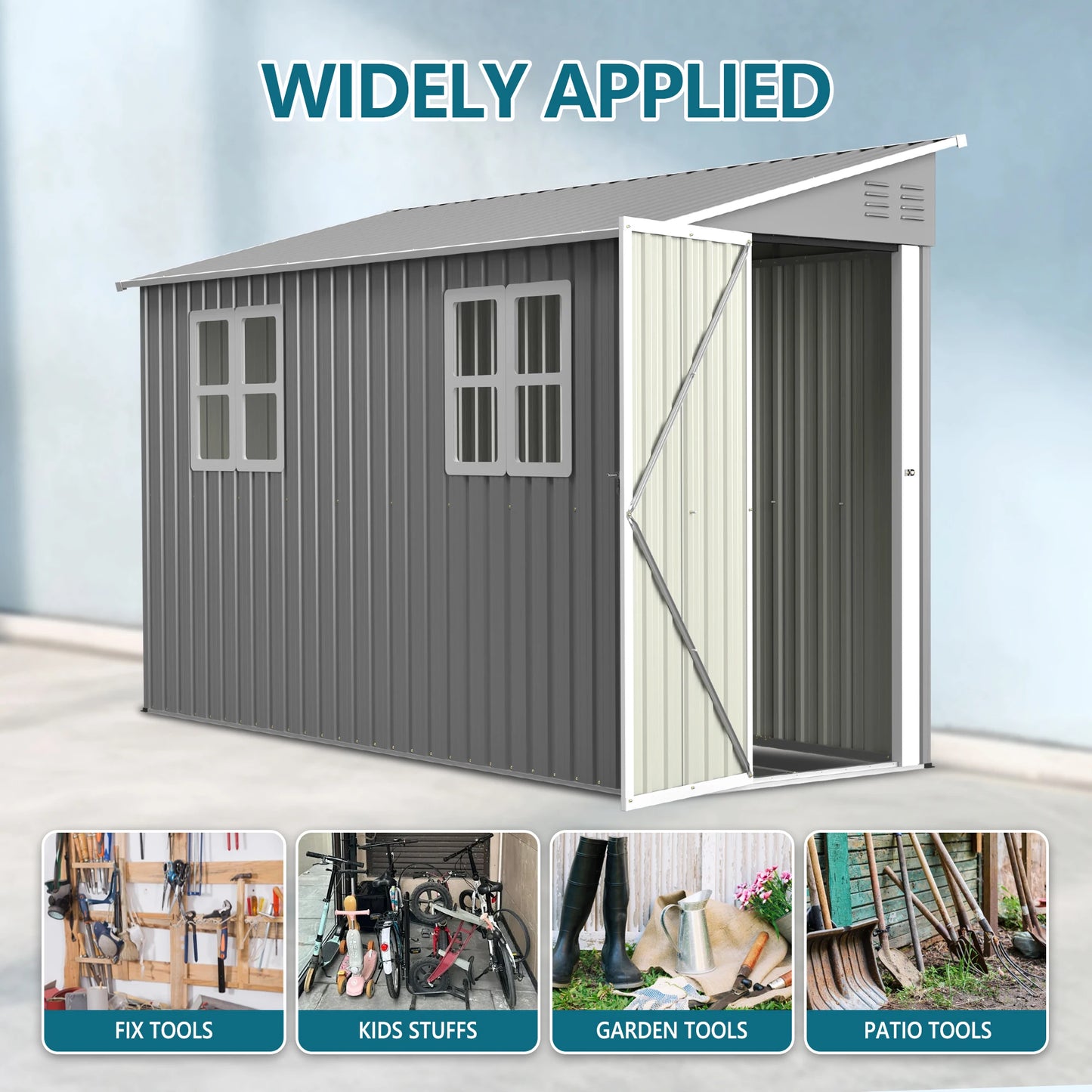 1 4x10 FT Galvanized Steel Outdoor Shed – Weatherproof Lockable Storage for Tools, Bikes & Pets w/Sloping Roof & Window