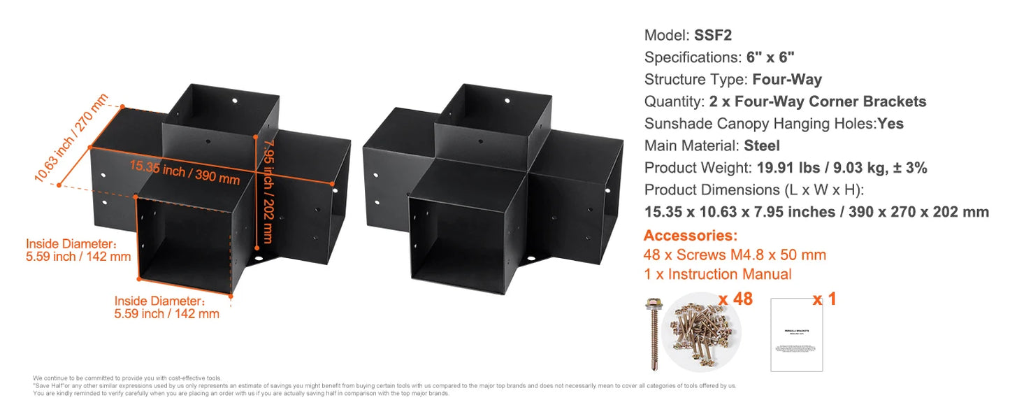 1 SucceBuy Pergola Bracket Kit 6inchx6inch 4pcs 3 Way Easy Installation For Gazebos Patio Pergolas Log Cabin Outdoor Hardware
