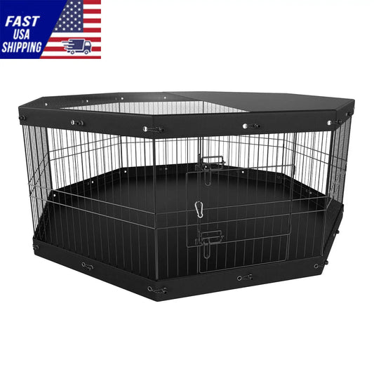 Dog Playpen, 8 Panels Foldable Metal Dog Exercise Pen with Top Cover and Bottom Pad, 24" H Pet Fence Puppy Crate Kennel, I