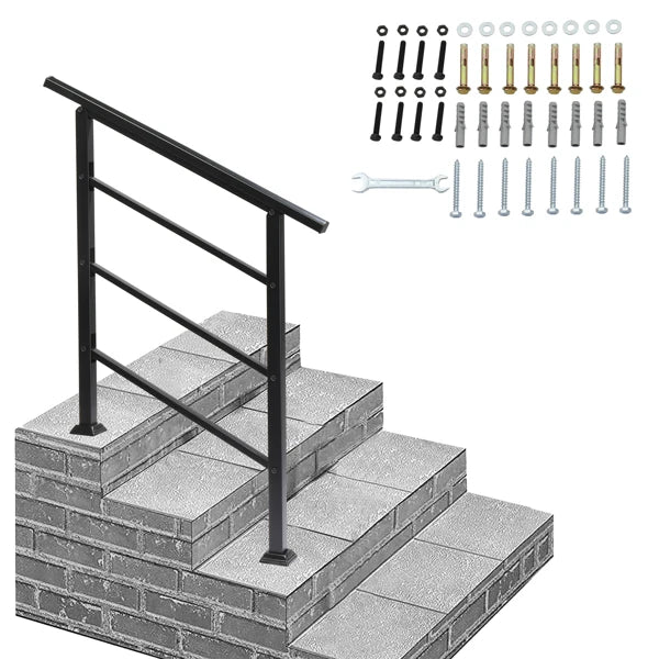 Handrails for Outdoor Steps, Wrought Iron Handrail Fits 1 or 3 Steps, Transitional Handrail with Installation Kit, Black
