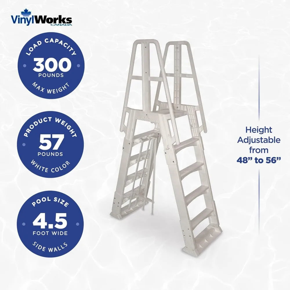 SLA A-Frame 48 to 56 Inch Adjustable Above Ground Swimming Pool Ladder Entry System with Slide Lock Barrier and Handrails, Whit