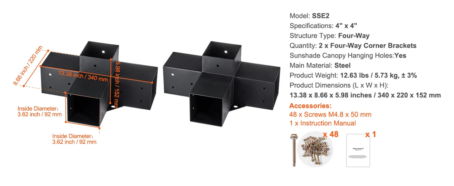 1 SucceBuy Pergola Bracket Kit 6inchx6inch 4pcs 3 Way Easy Installation For Gazebos Patio Pergolas Log Cabin Outdoor Hardware