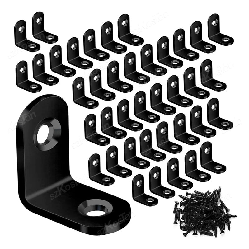 10~50PCS Black Stainless Steel L Shaped Bracket 90 Degree Right Angle Corner Brackets with Screw  for DIY Wood Furniture Cabinet