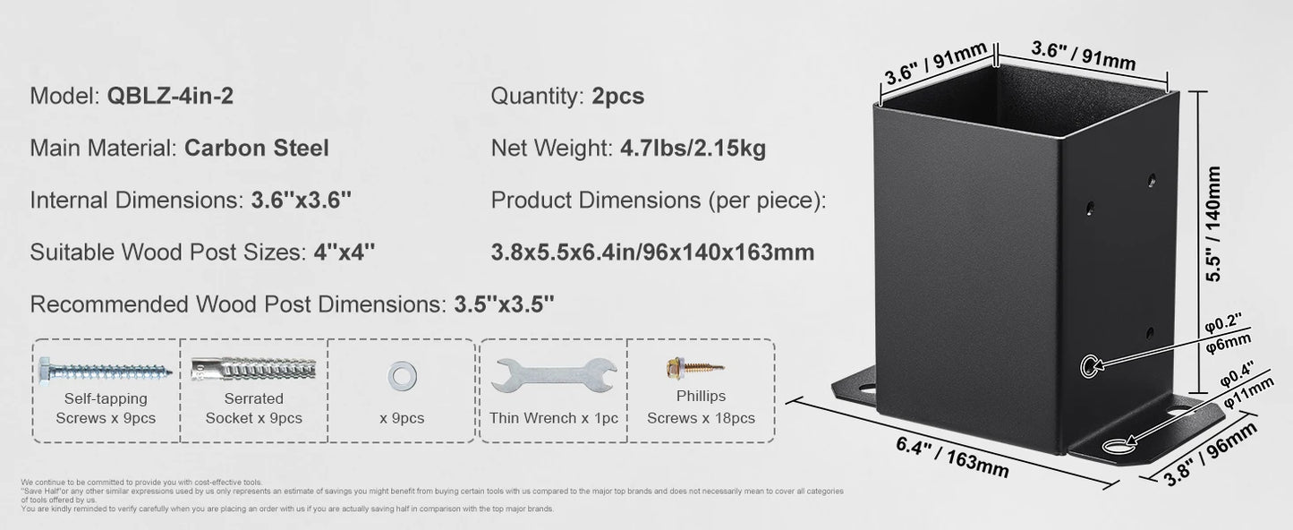 SucceBuy 4x4/ 6x6 Post Base 2/ 4 Pcs Powder-Coated Post Anchor Matte Black Wood Post Brackets for Pavilion Deck Railing