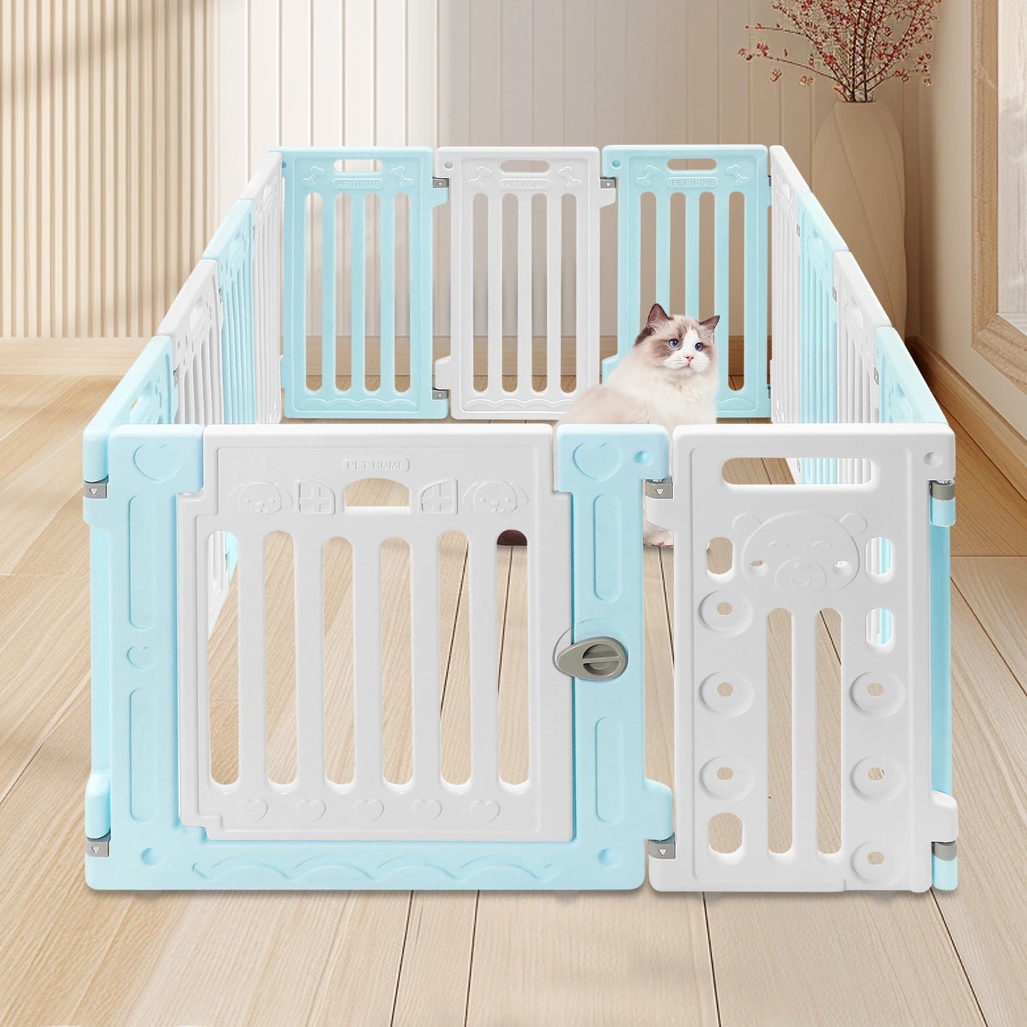 Hexagon Dog Playpen with Safety Door & Non-Slip Base, 25.6" HDPE Pet Fence for Puppy/Kitten, 13 Panels Blue/Pink/Green