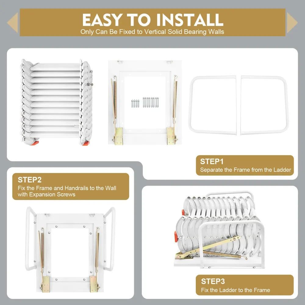 12 Steps Wall-mounted Non-slip Telescopic Extension Folding Ladder 881.85 Lbs Capacity Al-mg Alloy Multi Purpose With Handrails