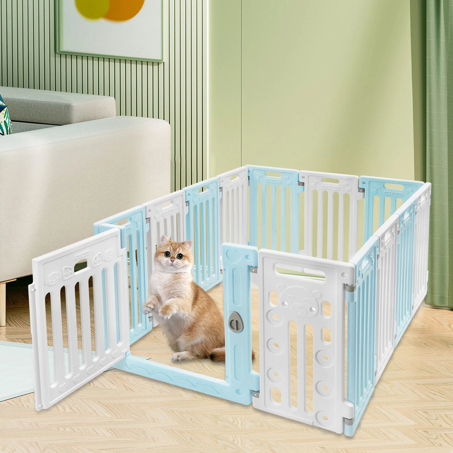 Hexagon Dog Playpen with Safety Door & Non-Slip Base, 25.6" HDPE Pet Fence for Puppy/Kitten, 13 Panels Blue/Pink/Green