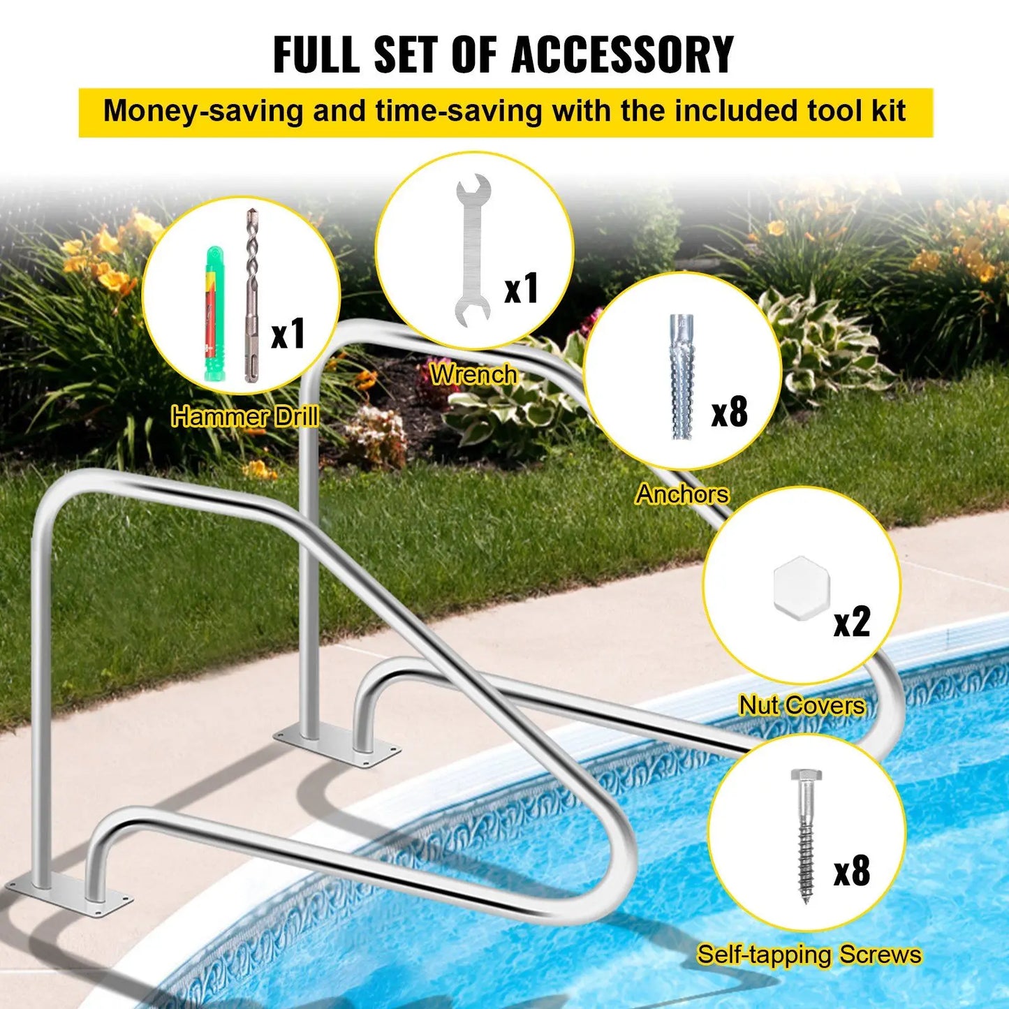 Pool Handrail, 49.4" x 34" Swimming Pool Stair Rail, 304 Stainless Steel Stair Pool Hand Rail Rated 375lbs Load Capacity, Pool R