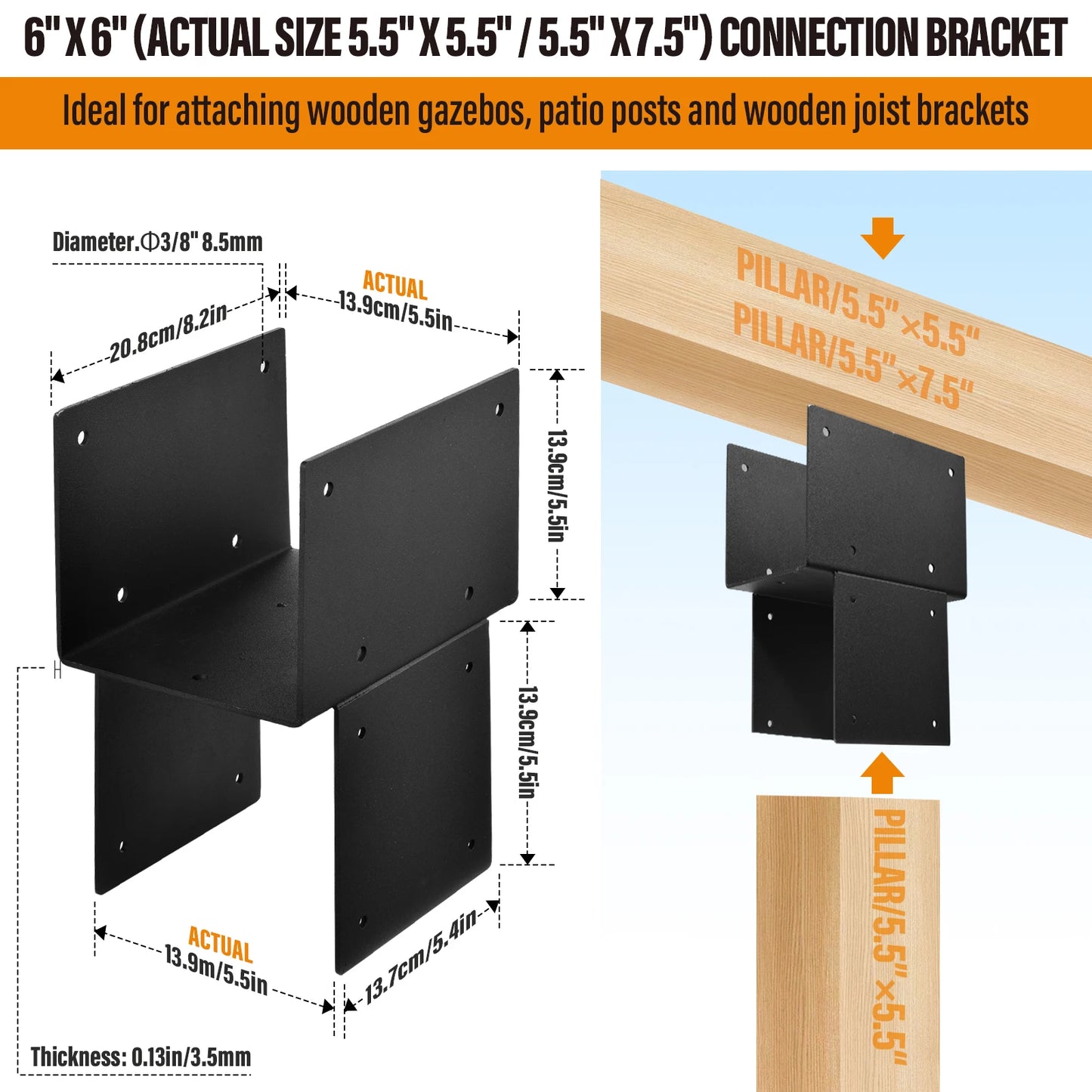 Pergola Hardware Kit 4 Pieces, Wood Beam Tie Brackets for 6"x 6" (Actual 5.5" X 5.5") Posts, DIY Brackets for Porch Log Cabins