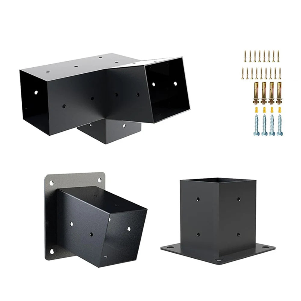 Slanted Roof Pergola Brackets Wall Mount Kit For 4x4 Inch Posts Steel 3-Way Unidirectional With Hardware Black