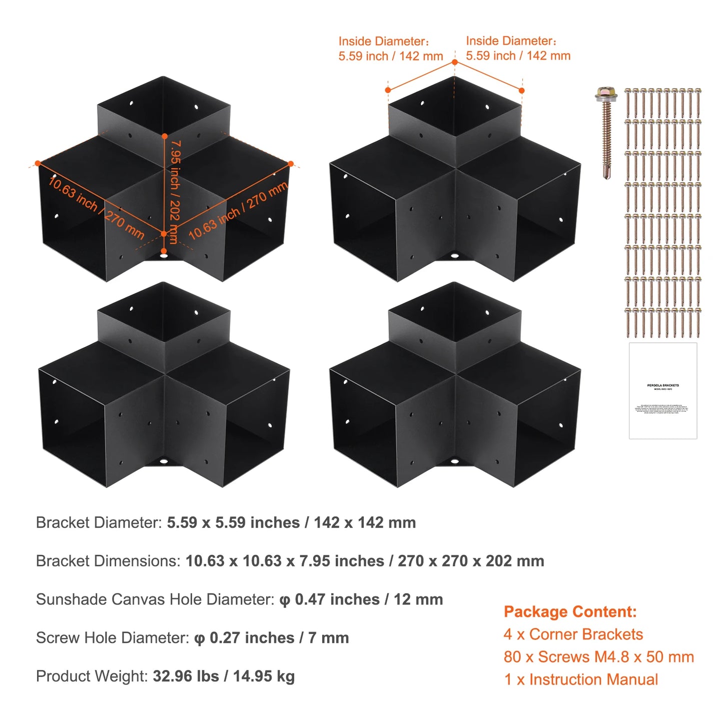 1 SucceBuy Pergola Bracket Kit 6inchx6inch 4pcs 3 Way Easy Installation For Gazebos Patio Pergolas Log Cabin Outdoor Hardware