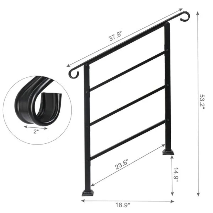 Handrails for Outdoor Steps Wrought Iron Handrail Fits 1 or 3 Steps Transitional Handrail with Installation Kit Black