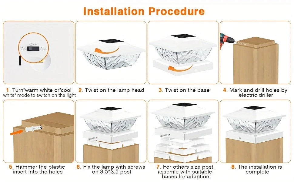 8 Pack 2 Mode Bright Solar Post Lights, Solar Powered Deck Lights for 4x4 4.5x4.5 5x5 Posts in Garden Decor, Black/White