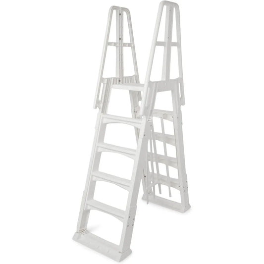 SLA A-Frame 48 to 56 Inch Adjustable Above Ground Swimming Pool Ladder Entry System with Slide Lock Barrier and Handrails, Whit