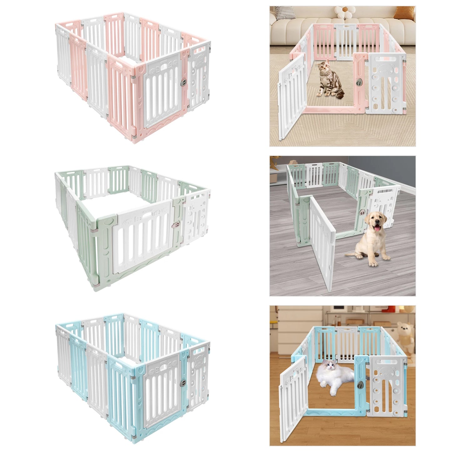 Hexagon Dog Playpen with Safety Door & Non-Slip Base, 25.6" HDPE Pet Fence for Puppy/Kitten, 13 Panels Blue/Pink/Green