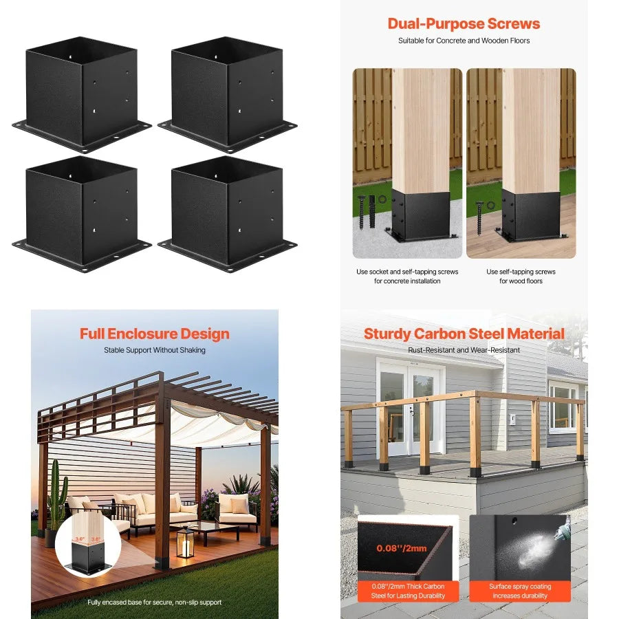 4 Pack 4x4 Post Base Brackets Wood Fen Post Anchor Inner Size 3.6x3.6 inch