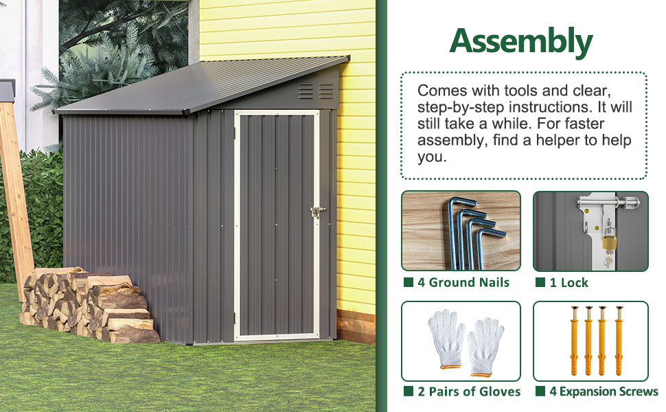 Storage Shed 4 * 8 FT Lean to Shed Metal Sheds & Outdoor Storage Cabinet Lockable Tool Organization Bike Mower Shed Portable Out